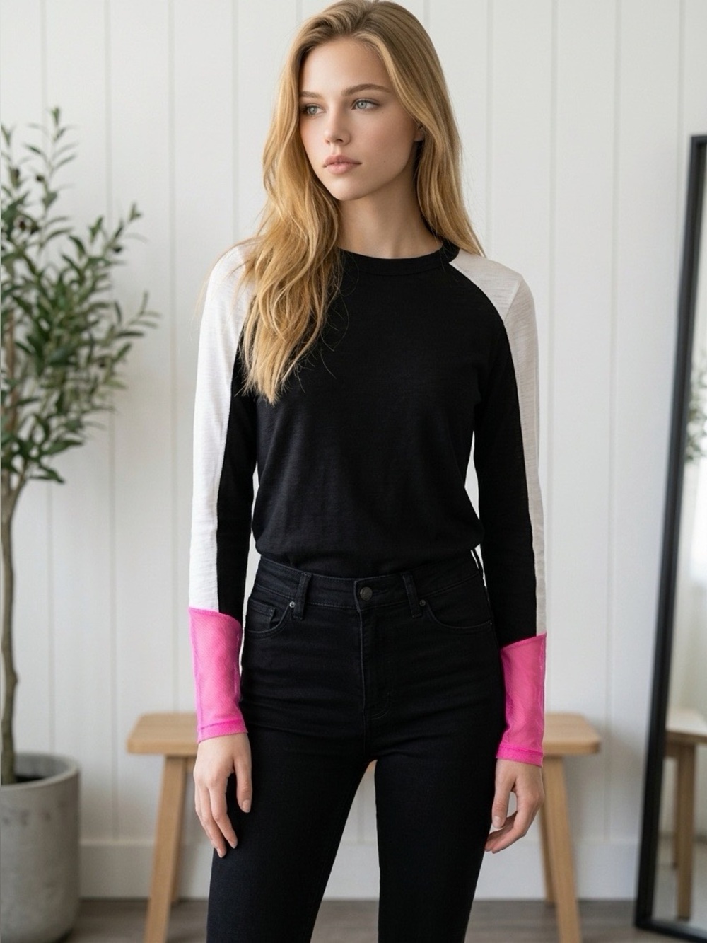 Lisa Todd Black Long-Sleeve Colorblock Top with White Shoulders & Pink mesh inse